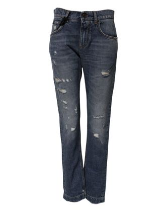 Dolce & Gabbana Womens Blue Cotton Tattered Boyfriend Denim Jeans Clothing