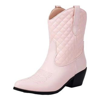 Generic Womens Retro Western Ankle Boots Pointed Toe High Chunky Heel Slip On With Embroidery Detail Fashion Footwear