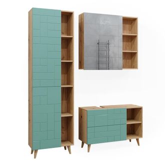 Vicco Conjunto De Muebles De Ba&ntilde;o Rudi, Verde Menta, 3 Partes, Con Mueble Alto
