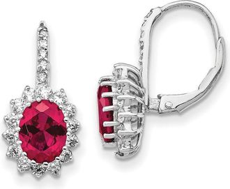 Diamond2Deal Sterling Silver Rhodium-plated Lab Created Ruby and White CZ Oval Halo Drop Earrings