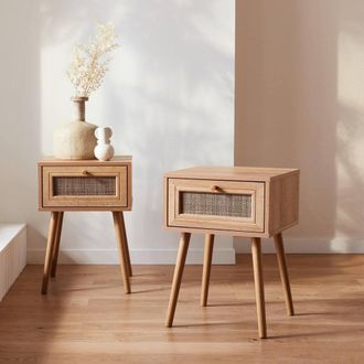 Sweeek Pair Of Woven Rattan Bedside Tables With Drawer in Light Brown