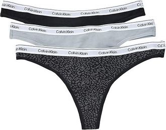 Calvin Klein Underwear Icon Logo Thong 3-Pack Womens Underwear Black/Wolf Grey/Animal Mirror Black : MD (US 8-10), Cotton/Elastane