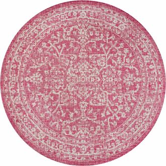 Jonathan Y Designs Malta Bohemian Medallion Textured Weave Indoor/Outdoor Round Area Rug in Fuchsia/light Gray at Nordstrom, Size 5Ft 0In X 5Ft 0In