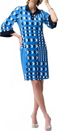 Joseph Ribkoff Silky Knit Dot Print Shirt Dress With Contrast Collar And Cuffs In Blue/vanilla