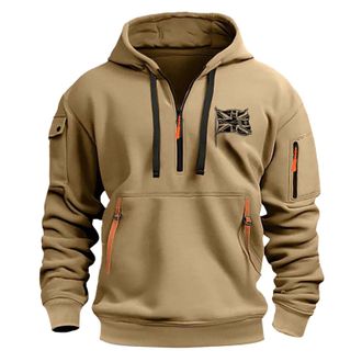 Generic Hoodies for Men UK, British Flag Printing Quarter Zip Up Sweatshirt Warm Neck, Long Sleeve Casual Fleece Jumpers, Casual Fashion Gym Tops (Khaki, XL)