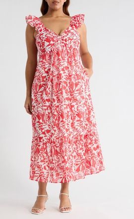 Sugarlips Aster Yare Smocked Cotton Midi Sundress in White-Red at Nordstrom, Size 1 X