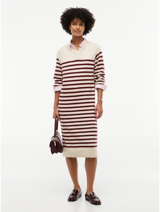 Tommy Hilfiger Womens Striped V-Neck Sweater Dress - Ivory Burgundy Stripe - XXL