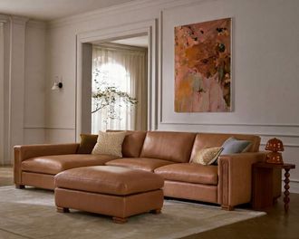 Castlery Tan France Kagan Leather 3-Piece Chaise Sectional Couch with Ottoman Left Facing, Cocoa Brown Leather, Castlery