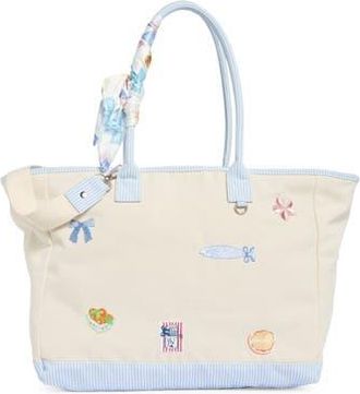 Madden Girl Embroidered Canvas Tote Bag in Natural Blue Stripe at Nordstrom Rack