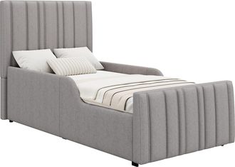 STILVORA Cama Individual 90 X 200 Cm De Lino, Arc&oacute;n Hidr&aacute;ulico Y Cabecero Acolchado, Sin Colch&oacute;n, Gris