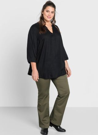 Sheego Longbluse SHEEGO, Damen, Gr. 40, schwarz, 100% Viskose, unifarben, Rundhals, Blusen Longbluse