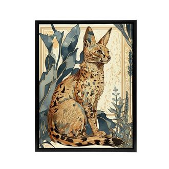 Artery8 Serval Cat With Savanna Plants Framed Canvas Wall Art Print | Size: W24 x H32