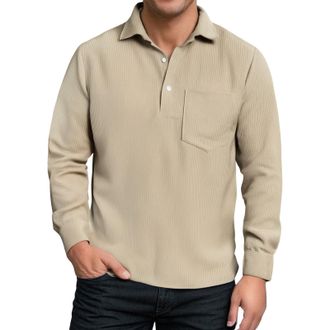 Generic Mens Corduroy Shirts Solid Color Fall Half Button Long Sleeves Shirt Casual Work Collared Shirt with Pocket Memory Boy (Khaki, L)