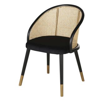 Maisons du monde Silla con reposabrazos de terciopelo negro y rejilla de mimbre