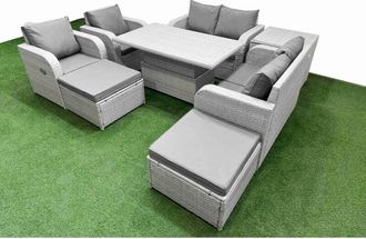 Fimous 8 Seater Outdoor Reclining Chair Love Sofa Set Rattan Garden Furniture Set with Adjustable Lifting Dining or Coffee Table 2 Stools Light Grey - Fimous