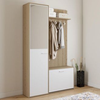 IDMarket Mahaut Armario Zapatero De Pasillo De 1 Puerta Efecto Madera Y Blanco Con Espejo Y Estantes