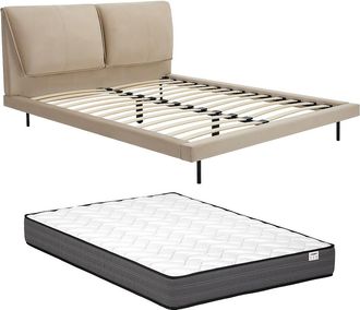 Vente-Unique Cama 140 x 190 cm - Terciopelo - topo + Colch&oacute;n - IBEDIA