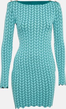 Elisabetta Franchi Blue Patterned Stretch Knit Scallop Hem Bodycon Dress