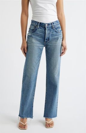 Moussy Vintage Foster Distressed Raw Hem Straight Leg Jeans in Blue at Nordstrom, Size 24