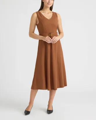Ellen Tracy Womens Belted V-Neck Dress