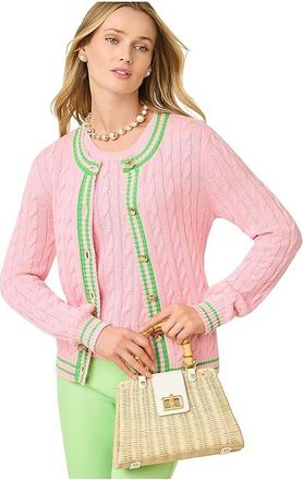 Lilly Pulitzer Brockton Crew Neck Cardigan Womens Sweater Conch Shell Pink X Jackfruit Green Tipping : XXS, Cotton