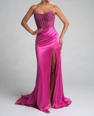 Portia & Scarlett Stunning Satin Daring Prom Gown In Fuchsia