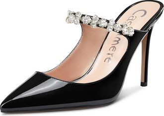 Castamere Womens Slingback Slip on High Heels Pumps Crystals Strappy Pointy Toe 4IN Heel Sandals Black Patent Pumps UK 5.5/6