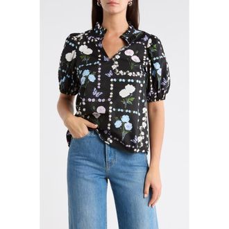 Sugarlips Daly Trevis Floral Split Neck Top in Black-Pastel at Nordstrom, Size X-Small