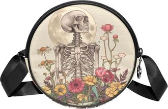 Generic Circle Crossbody Bag for Women, Skeleton Flowers Small Sling Bag Daypack with Zipper Adjustable Shoulder Straps Casual Ladies Girls Round Purse