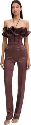 Elisabetta Franchi Jumpsuits & Playsuits, Dames, Bruin, S, Satijn, Satijnen Jumpsuit met Maxi Ruche