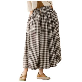 Generic Wide Leg Checked Trousers for Women, Linen, Spring and Summer, Elastic Waist, High Waist, Short Trousers, Plus Size, Casual Fashion, Summer Wear Women