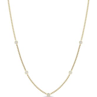 Zo&euml; Chicco 14K Gold Floating Diamond Extra Small Box Chain Station Necklace in 14K Yellow Gold at Nordstrom, Size 16