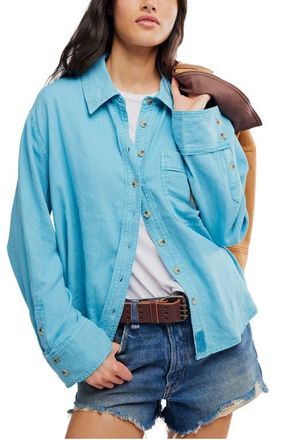 Free People Laurel Linen Blend Button-Up Shirt in Milky Blue at Nordstrom, Size X-Small