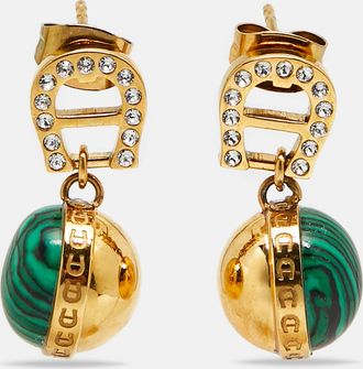 Aigner Logo Crystals Green Resin Gold Tone Earrings