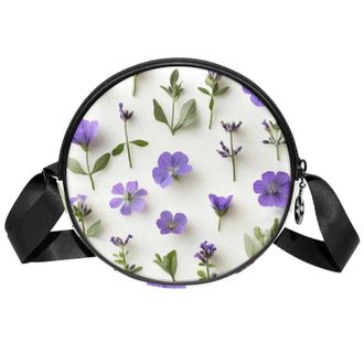 Generic Circle Crossbody Bag for Women, Floral Purple Small Sling Bag Daypack with Zipper Adjustable Shoulder Straps Casual Ladies Girls Round Purse