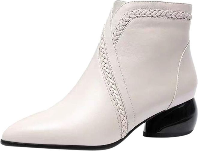 Womens White Pointed Toe Ankle Boots with Block Heel, Side Zip Western Booties, Low Heel Dress Boots for Women, Stitched Trim Detail, Sleek Design, Co