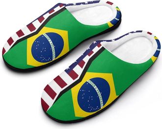 Generic US & Brazilian Flag Funny Mens Cotton Slippers Soft Non-Slip Rubber Sole House Slipper Indoor Outdoor