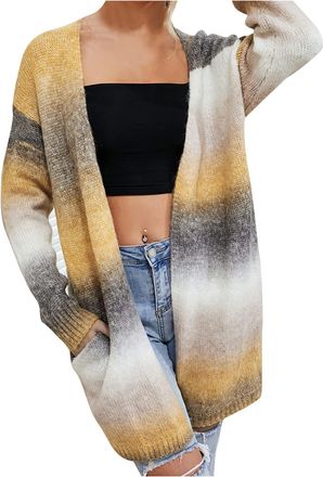 Generic Rainbow Long Cardigan for Women UK Oversized Open Front Sweater Knitted Coat Winter Jumper Tie-Dye Long Sleeve Cardigan Ladies Maxi Boyfriend