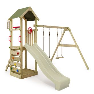 Fatmoose Parque Infantil De Madera Fatmoose Kiwikey Kick Con Columpio Doble Y Tobogan En Verde Salvia