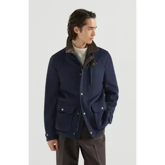 Brunello Cucinelli Virgin wool cloth field jacket with nappa leather inserts in Blue at Nordstrom, Size 46