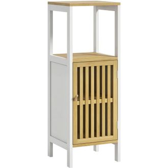 HOMCOM Homcom - Armario Alto De Ba&ntilde;o Columna De Ba&ntilde;o Mueble Auxiliar De Ba&ntilde;o Con 1 Estante Abierto 1 Puerta Y 1 Estante Ajustable 32x30x90,5 Cm Natural Y Bla