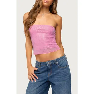 Edikted Olea Rhinestone Mesh Tube Top in Pink at Nordstrom, Size X-Small