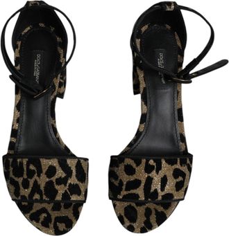 Dolce & Gabbana Womens Gold Leopard Ankle Strap Heels Sandals Shoes Black Pe+pu+vi