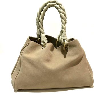 Bottega Veneta Beige Ivory Canvas Leather Shoulder Bag Tote Bag (Pre-Owned)