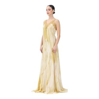 Elisabetta Franchi Kleedjes, Dames, Veelkleurig, S, Tule, Elegante Lange Gele Jurk met Kant