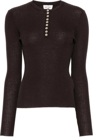 Soft Goat Ribbed Henley Top - Dames - Longsleeves - Bruin - XS - Wol - Tops
