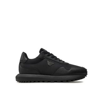 Emporio Armani Zwarte Sneakers Stijlvolle Metalen Adelaar Detail - Heren - Sneakers - Zwart - 42 1/2 EU - Leer - Schoenen