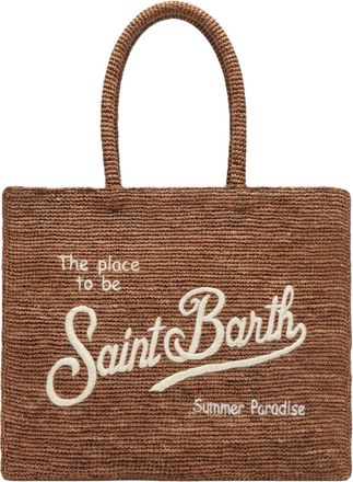 MC2 Saint Barth Textured Brown Woven Tote Bag with Embroidered Statement
