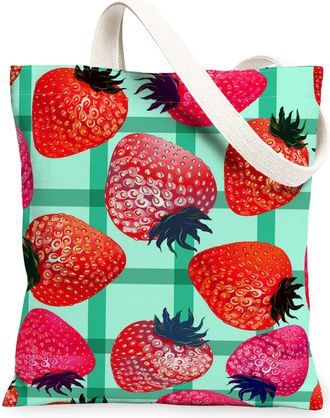 Generic Strawberry Pattern Canvas Tote Bags, Eco-Friendly Reusable Grocery Bag, Summer Fresh Design Lightweight Washable Shoulder S, Red, 13x15 Inch
