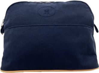 Herm&egrave;s Navy Cotton Leather Pouch (Pre-Owned)